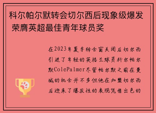 科尔帕尔默转会切尔西后现象级爆发 荣膺英超最佳青年球员奖